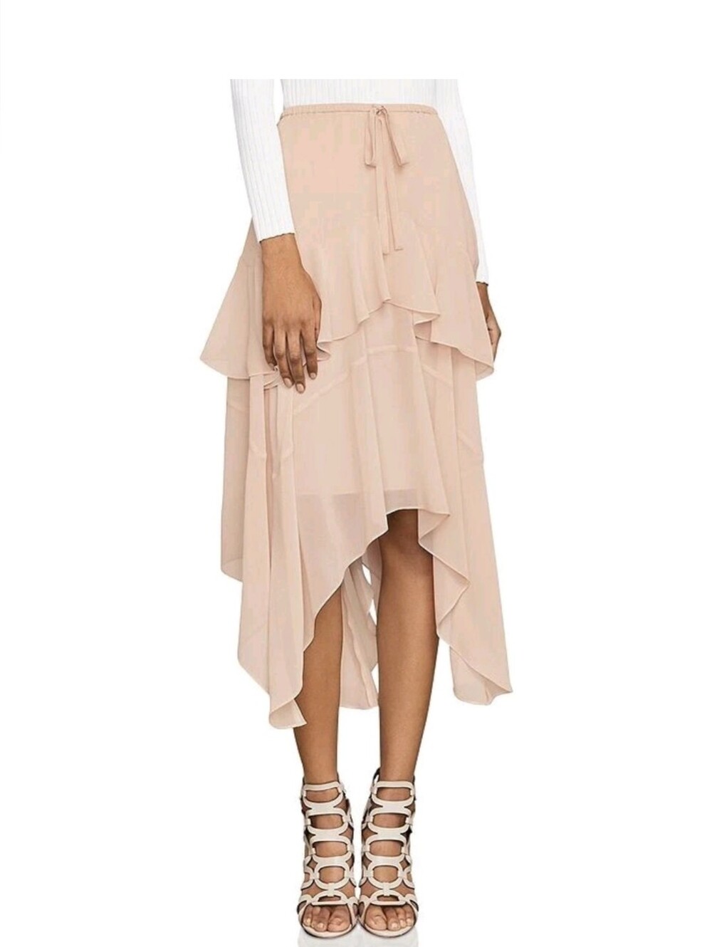 BCBGMAXAZRIA Runway Chiffon Blush Pink Tiered‎ High Low Ruffle Skirt NWOT Size L